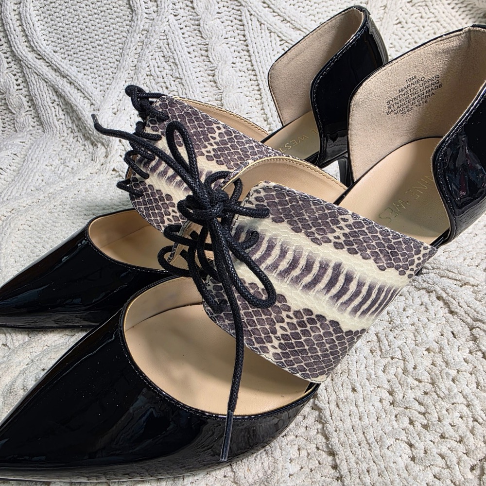 Nine West Marnieo Pumps Black Snakeskin Lace Up Stiletto Heels Womens 10 NEW - Picture 2 of 7